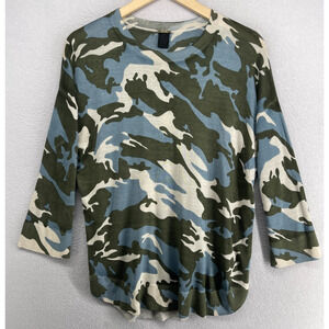MAGASCHONI Sweater Womens M Silk Cashmere Tunic Camo 3/4 Sleeve Green Blue